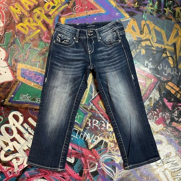 Vigoss The Chelsea Capri Jeans - Size 3/4 - Dark Wash, Embellished Buttons - Picture 1 of 11